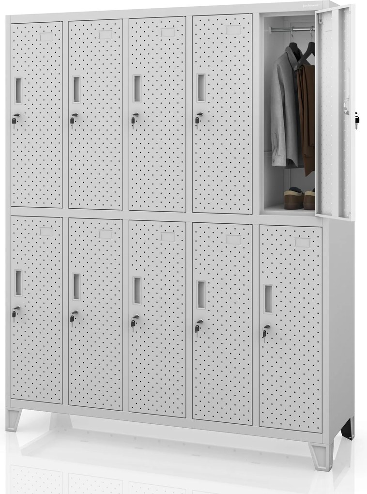 Szafka BHP ubraniowa, skrytkowa, perforowana, 10 skrytek, szara, 1360x1720x450 mm: BARTEK PRO