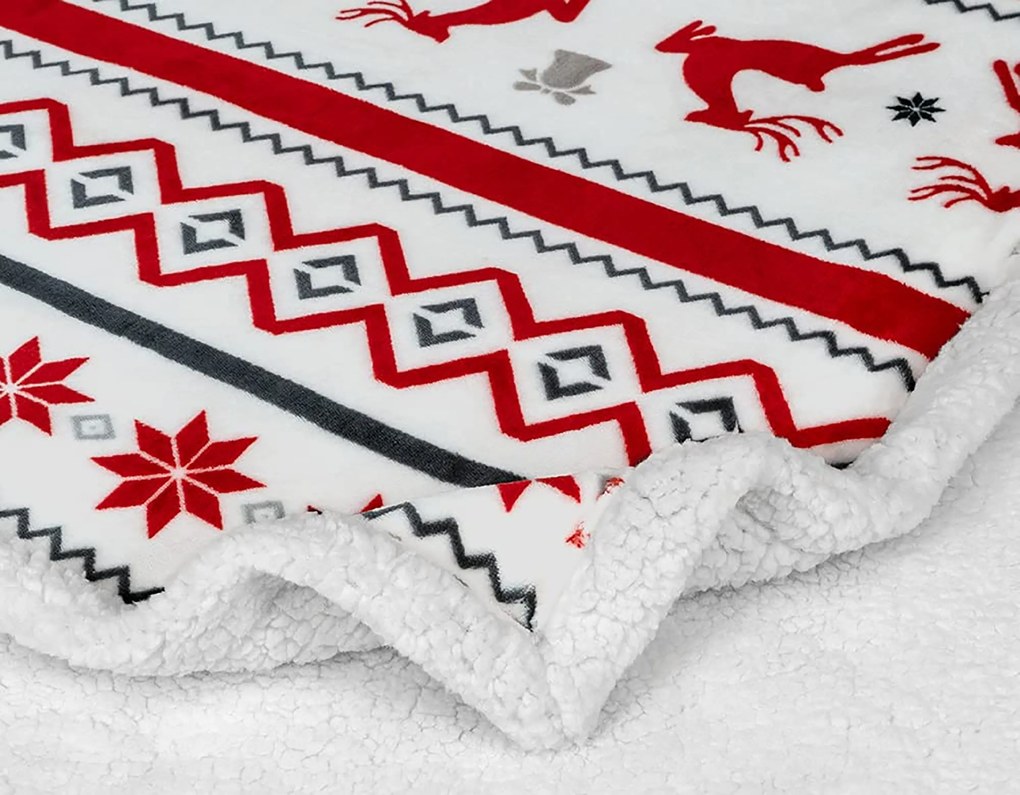 Świąteczny biały koc z mikropluszu z barankiem RETRO CHRISTMAS Rozmiar: 200 x 220 cm