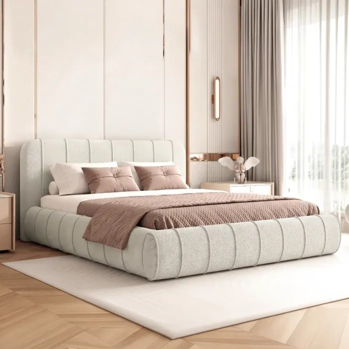 Łóżko Tapicerowane Slim 160x200 cm DAVEN z Pojemnikiem Kremowe Boucle Glamour