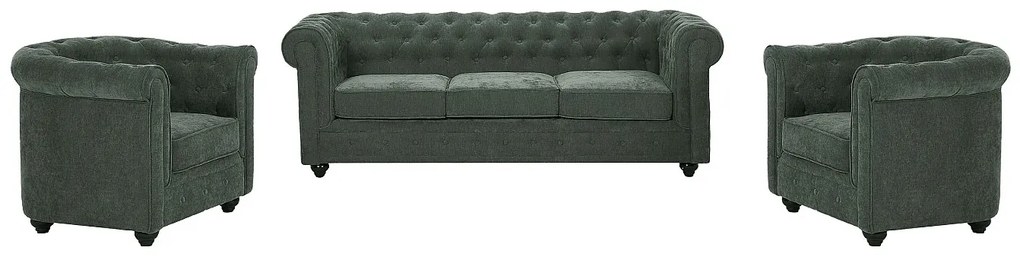 Kanapa 3-osobowa i 2 fotele z zielonej tkaniny CHESTERFIELD