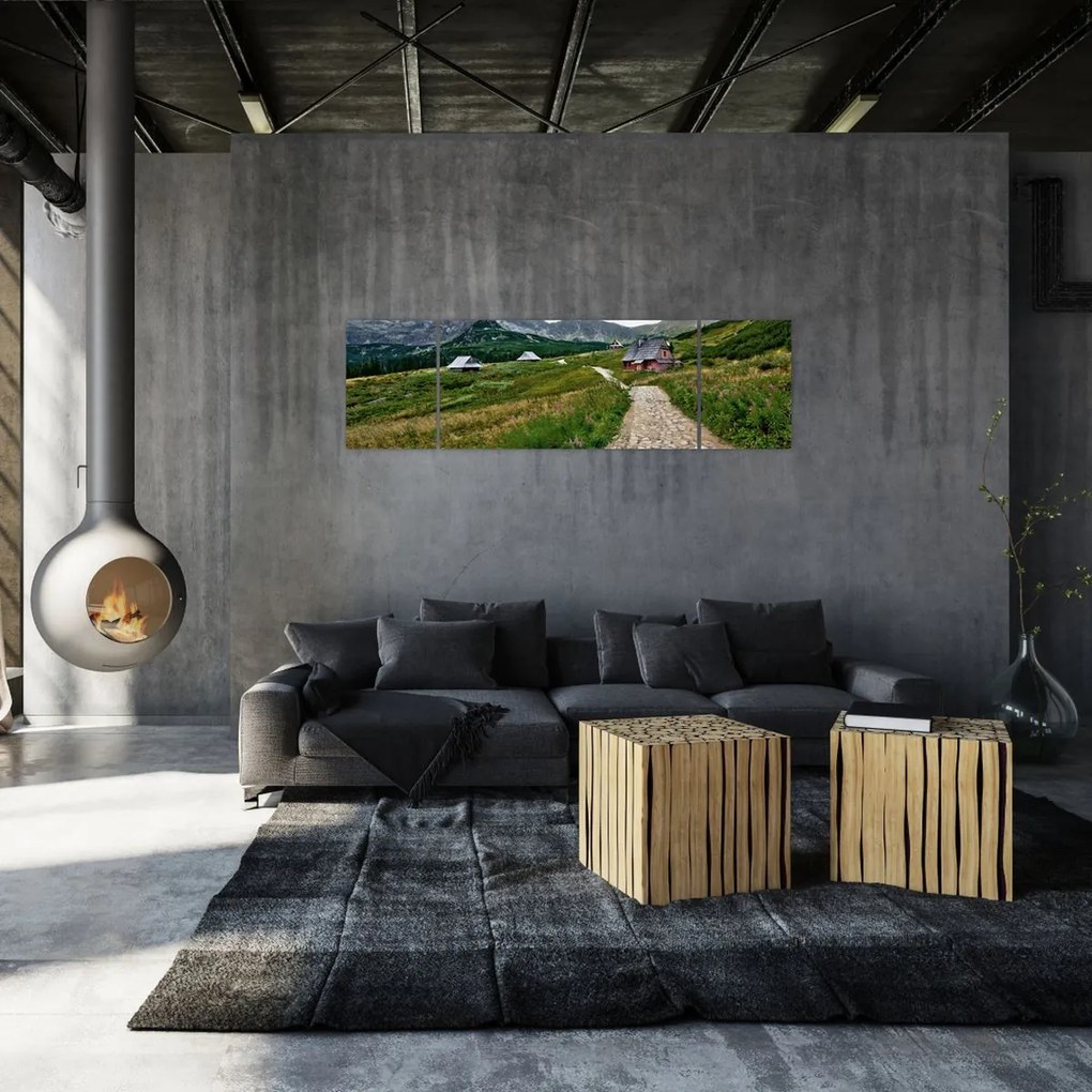Obraz - Krajobraz górski z domami (170x50 cm)
