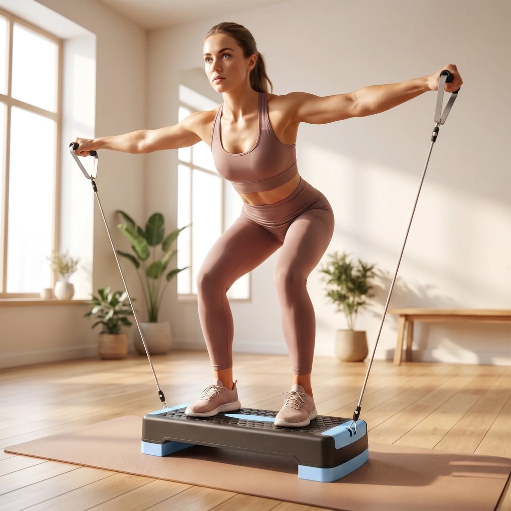 SPORTNOW Deska do stepów regulowana Fitness Aerobic Stepper z 2 poziomami (11/16 cm) 2 taśmami oporowymi, mata antypoślizgowa Niebieski | Aosom PL