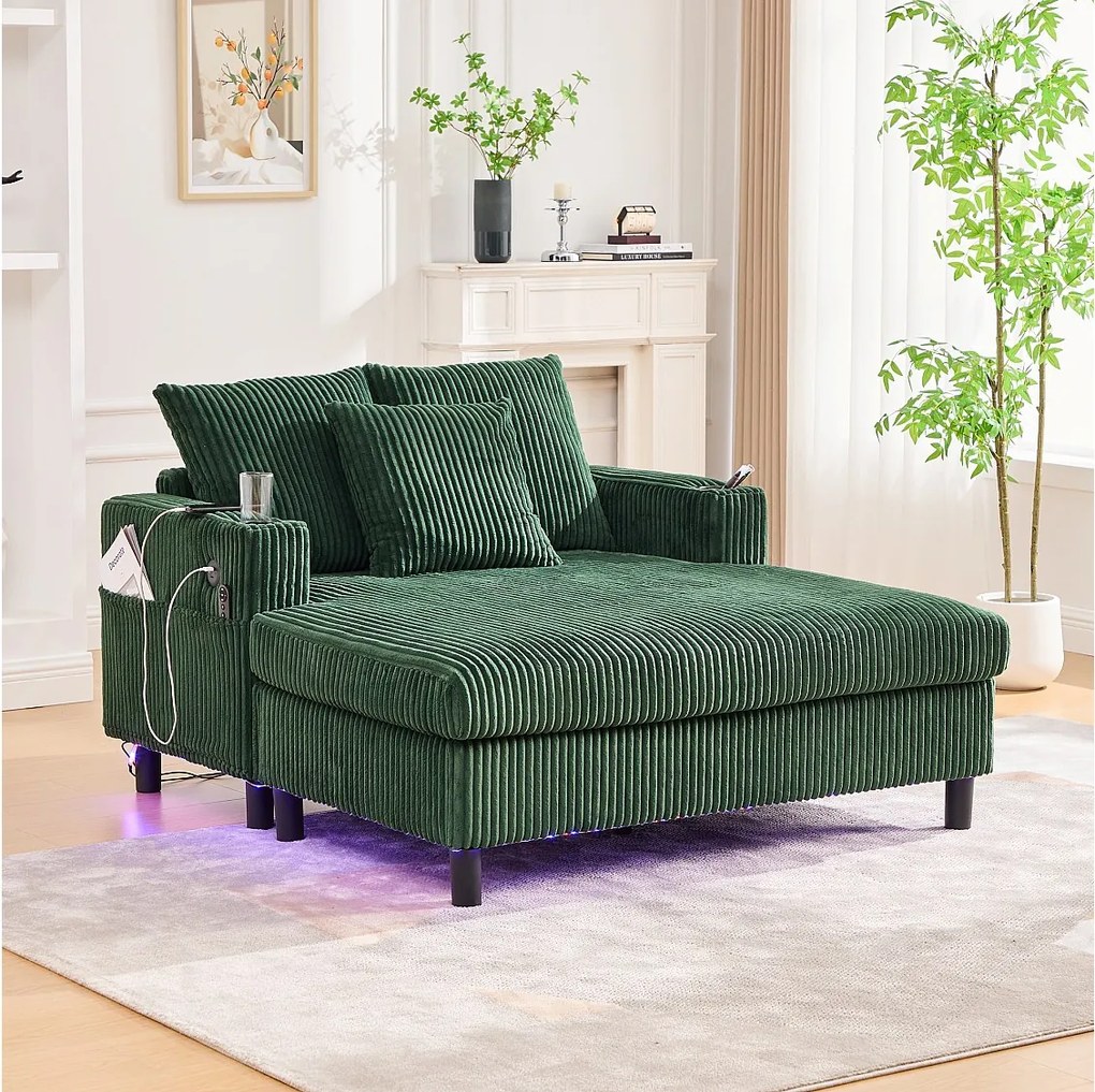 Sofa lounge z zielonego pluszu z portem USB, oświetleniem LED i uchwytami na kubki