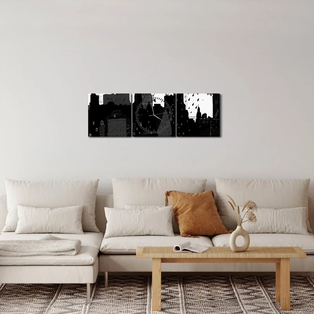 Obraz - Miasto z napisami i wzorami (z zegarem) (90x30 cm)