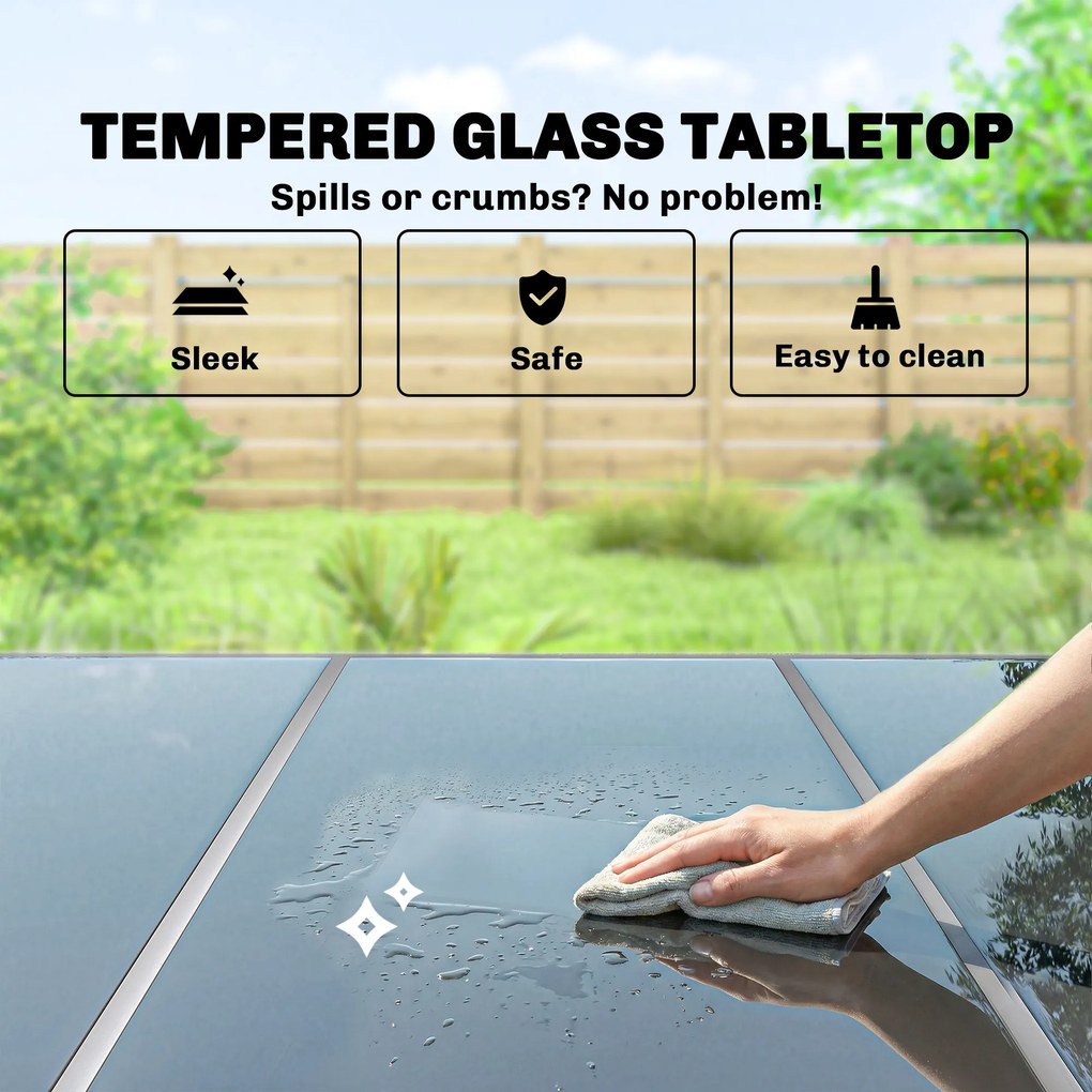 Outsunny Zestaw Mebli Ogrodowych 150 x 90cm Stół z 6 Oddychającymi Krzesłami Szkło Hartowane | Aosom PL