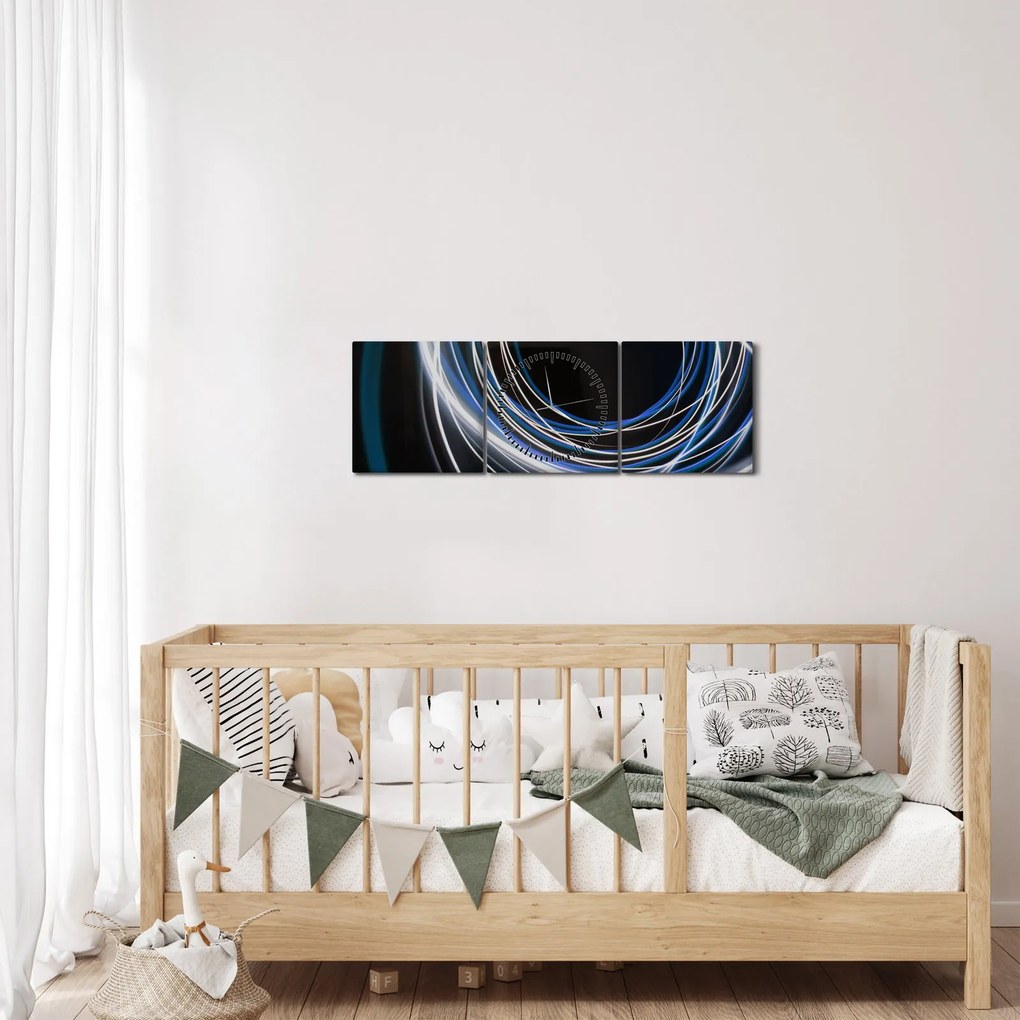 Obraz niebieskich linii (z zegarem) (90x30 cm)