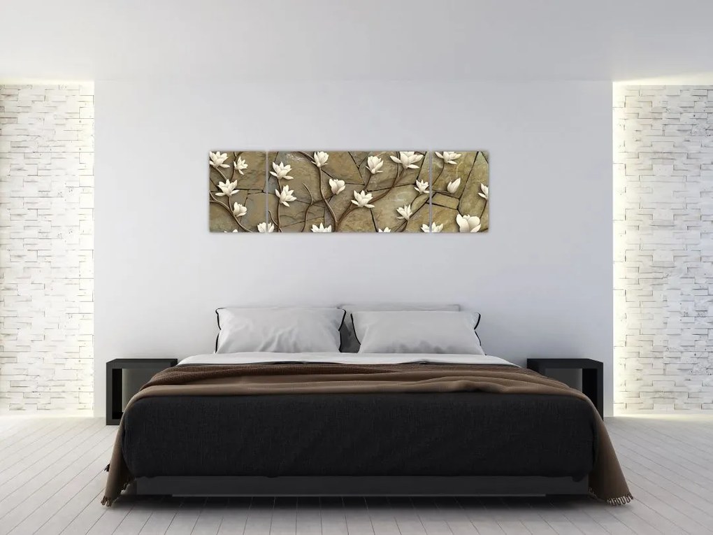 Obraz - Białe magnolie na murze kamiennym (170x50 cm)