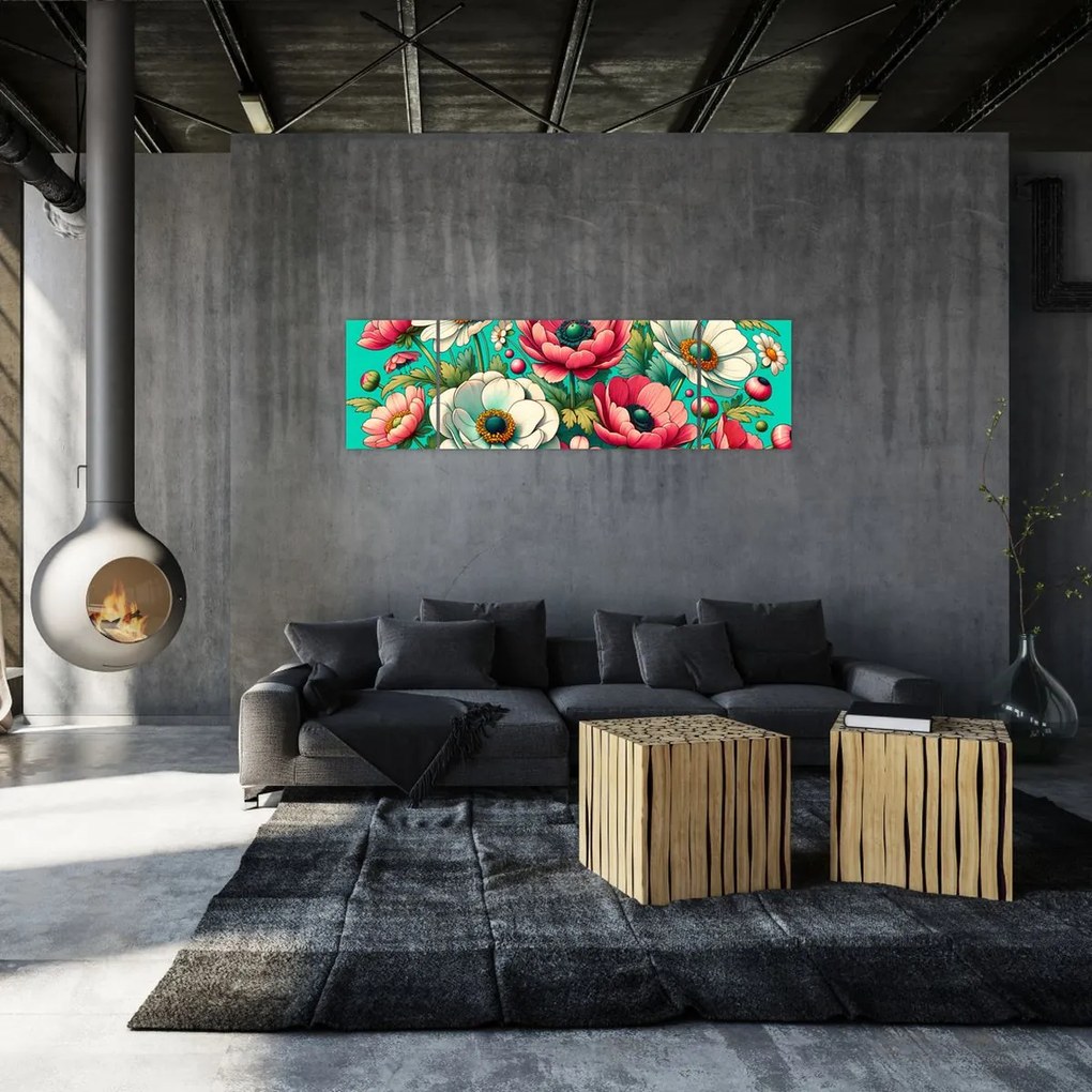 Obraz - Kwiaty na niebieskim tle (170x50 cm)
