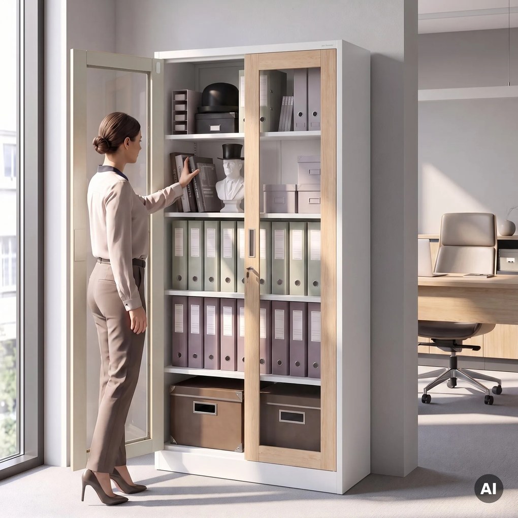 Witryna przeszklona metalowa wysoka z zamkiem biała/dąb sonoma, 900x1850x400 mm: AMELIA Eco Design