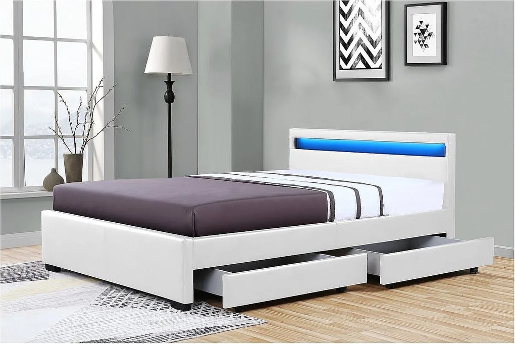 Nowoczesne Łóżko Dwuosobowe z Oświetleniem LED "Nico" z 4 Szufladami - 160 × 200 cm - Białe