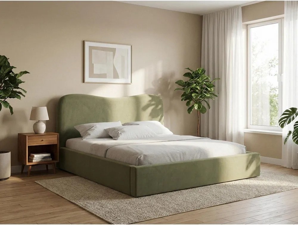 Zielone tapicerowane łóżko dwuosobowe ze schowkiem i stelażem 140x200 cm Kahai – Makamii