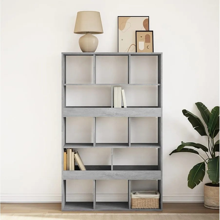 Betonowo-szara biblioteczka z 13 przegródkami z drewna inżynieryjnego 100x33x156,5 cm, czysty i wszechstronny design