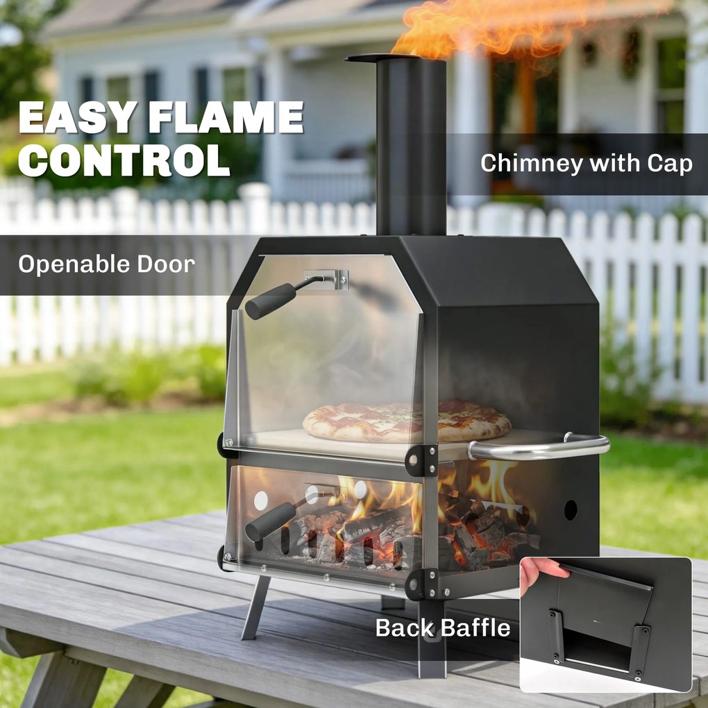 Outsunny Zewnętrzny Piec do Pizzy Opalany Drewnem Stal Nierdzewna 2 Poziomy z Kamieniem do Pizzy 1 cm, Składane Nóżki | Aosom PL