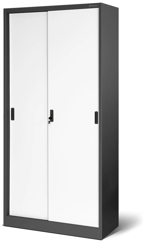 Biurowa szafa metalowa z drzwiami przesuwnymi KUBA, 900 x 1850 x 400 mm, antracytowo-biała