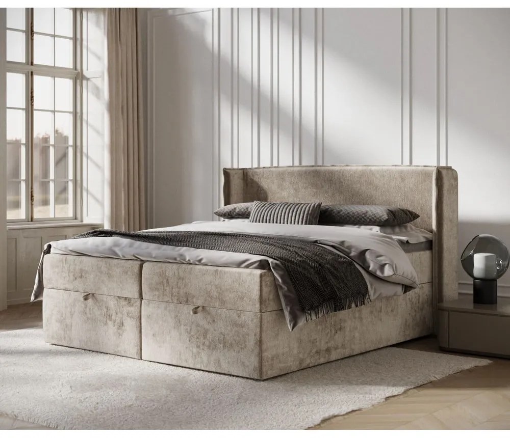 Beżowe łóżko boxspring ze schowkiem 160x200 cm Passion – Maison de Rêve