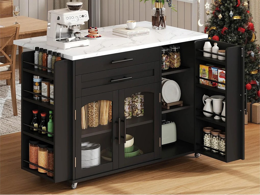 Mobilna centralna wyspa kuchenna - stół rozkładany - z miejscem do przechowywania i półką na przyprawy - z kółkami - Czarny