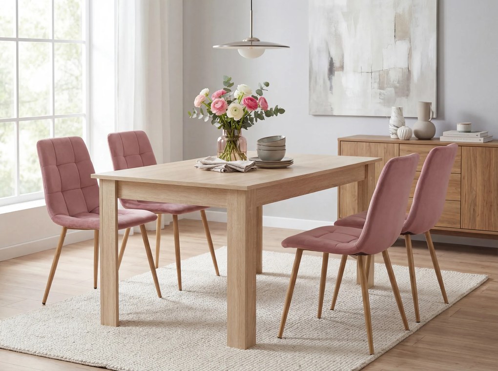 Zestaw jadalniany 1 + 4, stół UMEKO 120x80 cm dąb sonoma + różowe aksamitne krzesło KARA