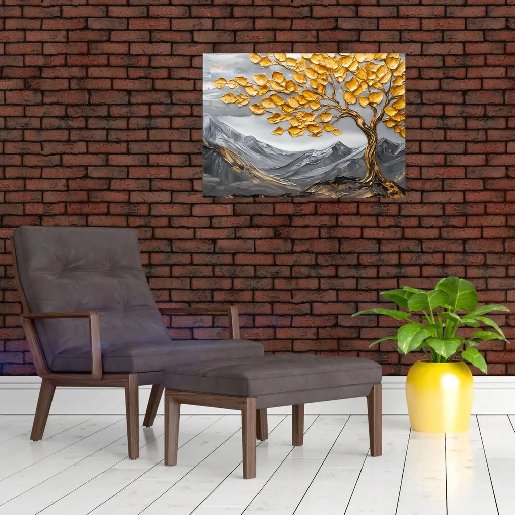 Obraz na szkle – Drzewo ze złotymi liśćmi (70x50 cm)