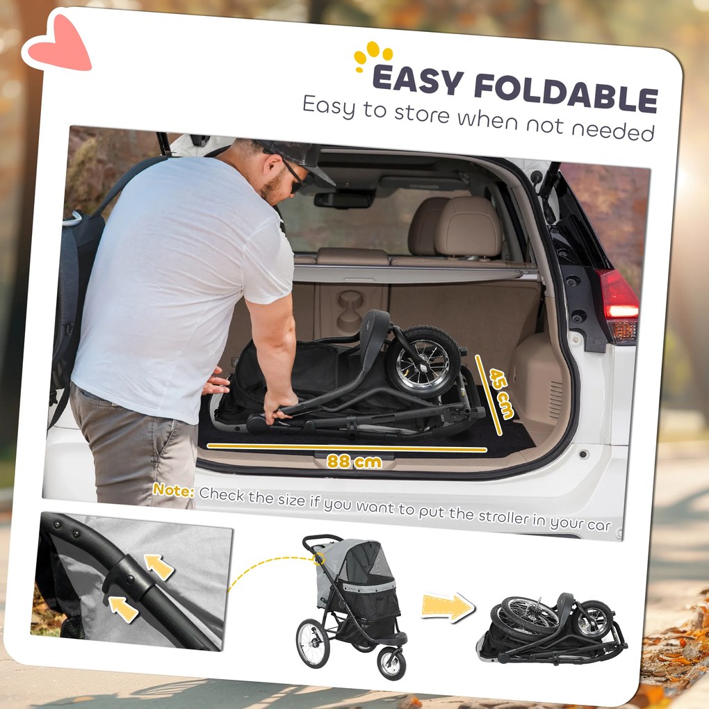 PawHut Wózek dla Małych Psów i Kotów, z Koszem, Systemem Jednoklikowym, Szary