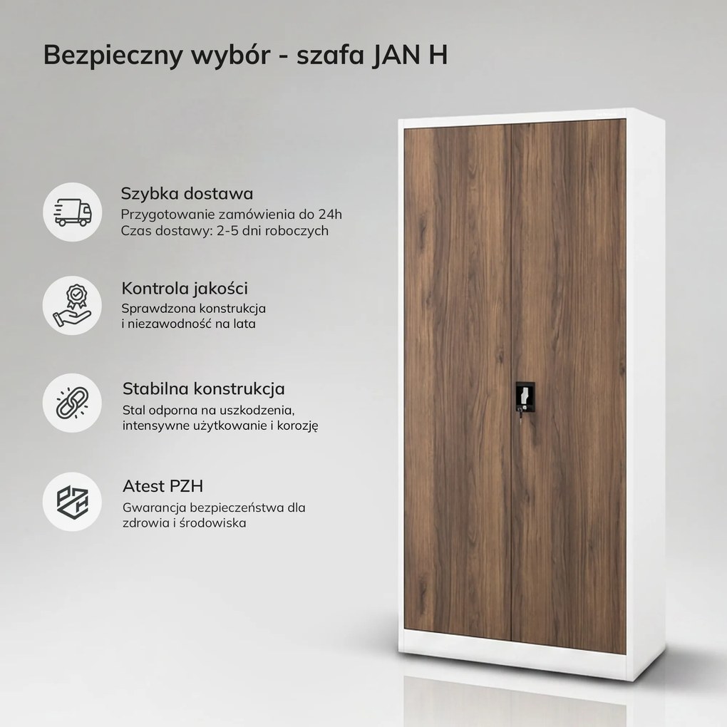 Szafa biurowa metalowa wysoka na dokumenty biała/orzech, 900x1950x400 mm: JAN H Eco Design