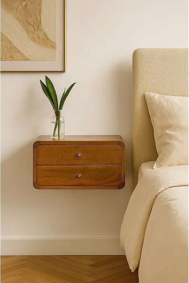 Półka nocna z drewna kasztanowego Artisan Furniture, 2 szuflady, jasnobrązowa