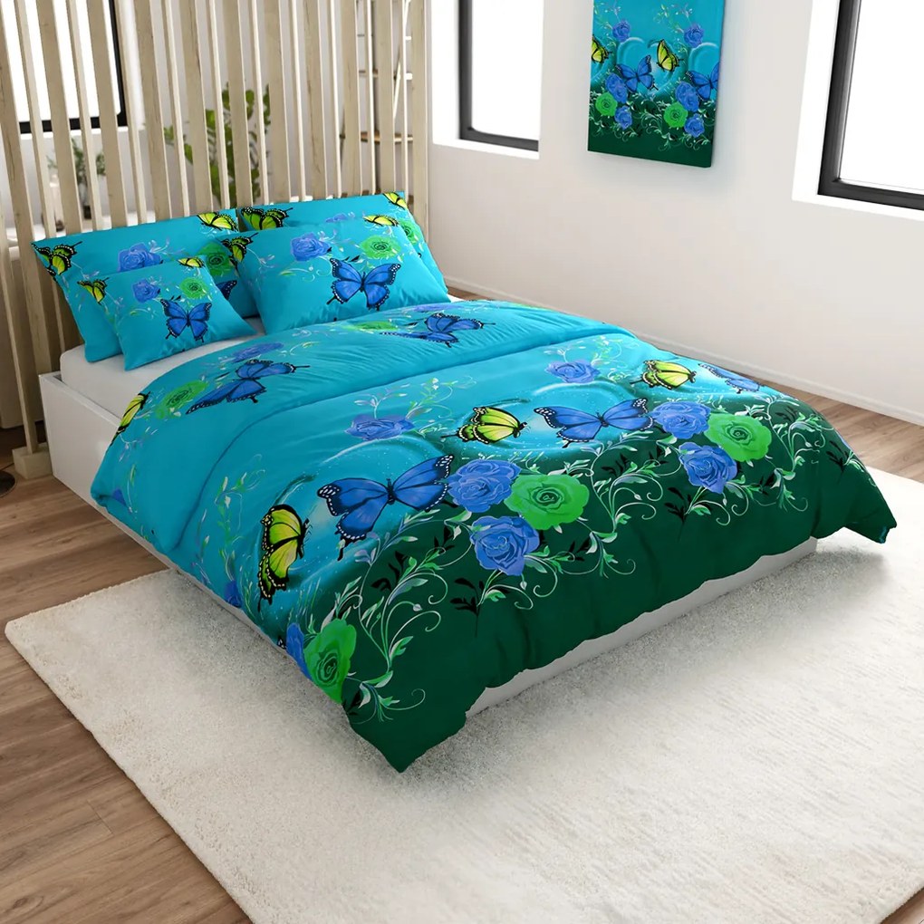 PrzytulneMieszkanie.pl PrzytulneMieszkanie.pl Pościel bawełniana w kolorze NIEBIESKO-ZIELONYM MOTYL w kolorze niebieskim Rozmiar pościeli: 70 x 90 cm | 140 x 200 cm