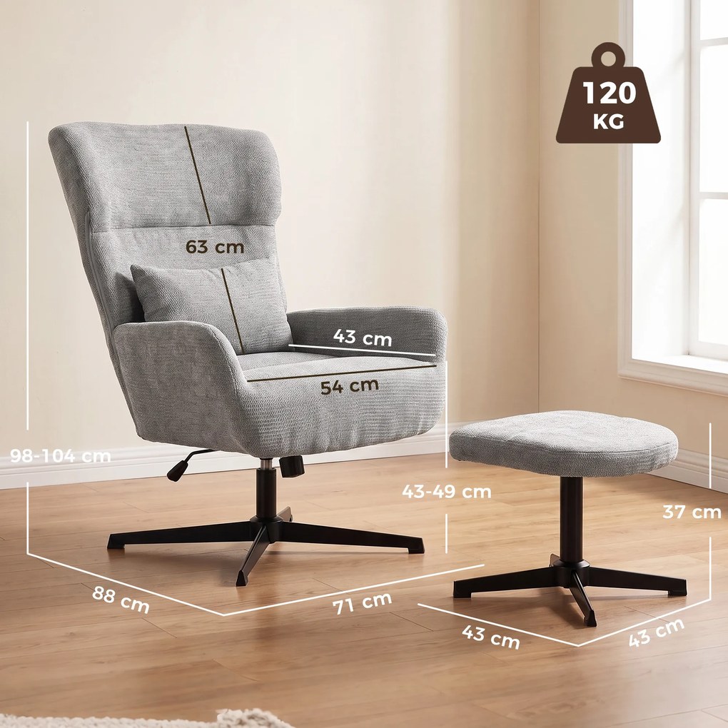 HOMCOM Obrotowy fotel lounge 360° z podnóżkiem, regulowany wysokością, obicie chenille, z poduszką lędźwiową, kremowo-biały | Aosom PL