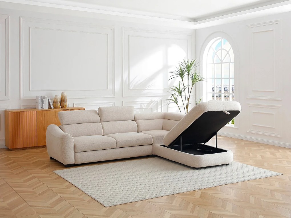 Kanapa narożna rozkładana  z teksturowanej beżowej tkaniny BESEMA