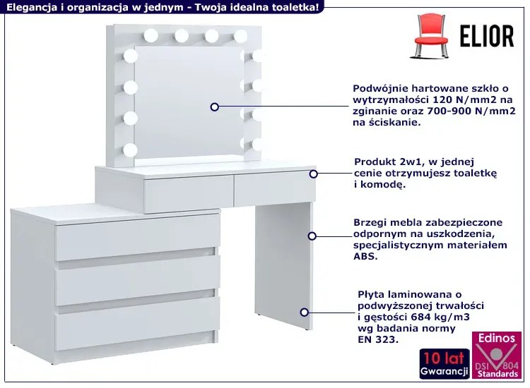 Biała duża toaletka podśwetlana do makijażu z komodą Fienna
