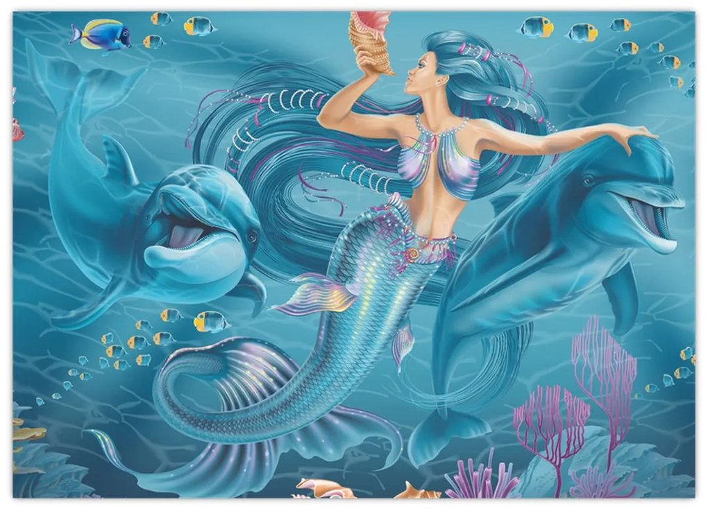 Obraz - Syrenka z delfinami (70x50 cm)