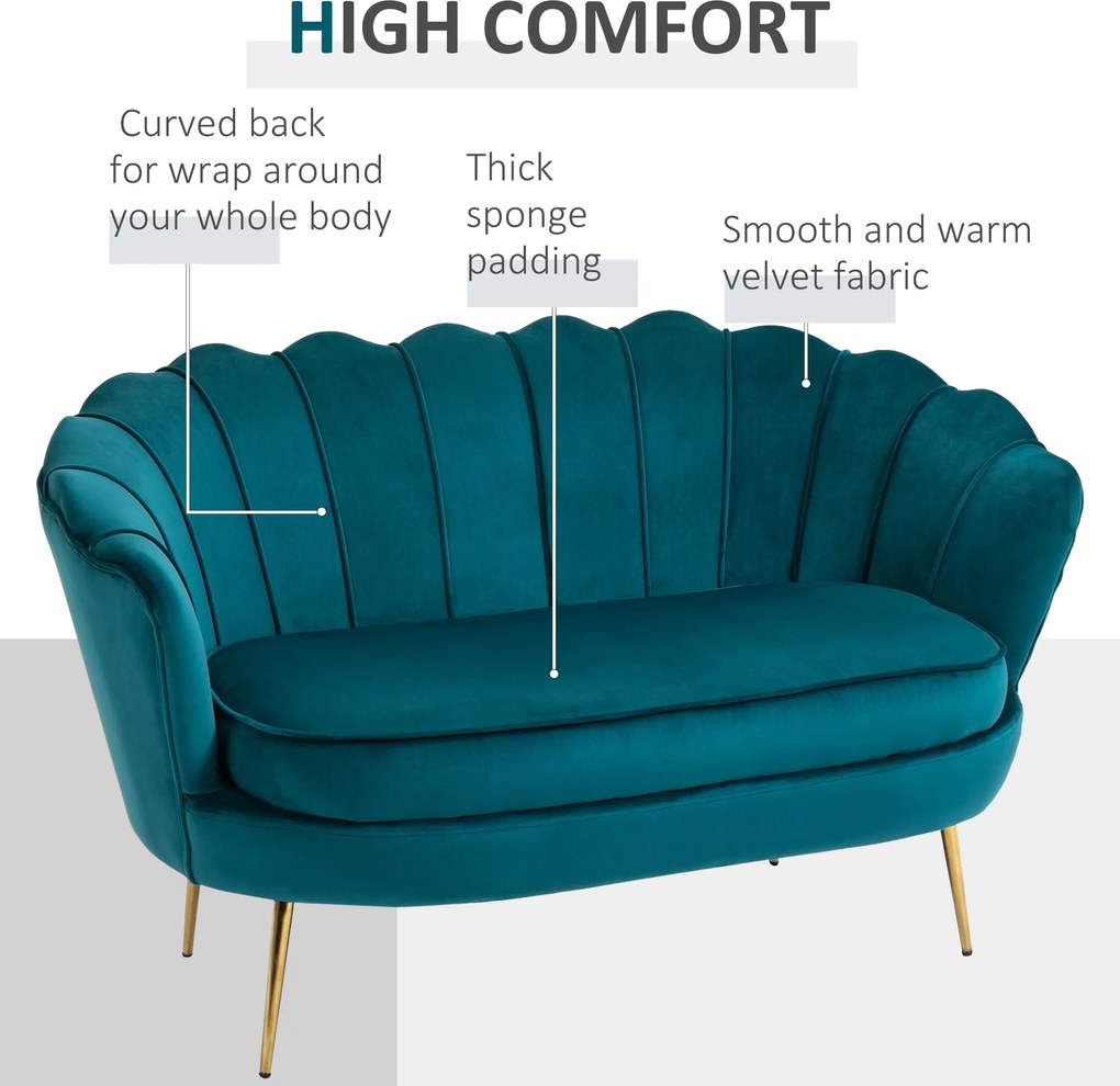 HOMCOM Sofa Dla 2 Osób, Kanapa, Sofa Tapicerowana, Wygląd Aksamitu, Sofa Podwójna, do 150 kg, 130 x 77 x 77 cm, Ciemnozielona