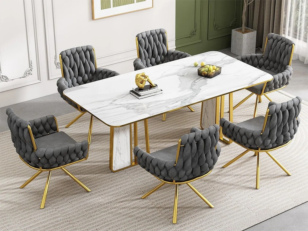 Zestaw 6 krzeseł obrotowych Velvet z podłokietnikami - złote metalowe nogi - Szary