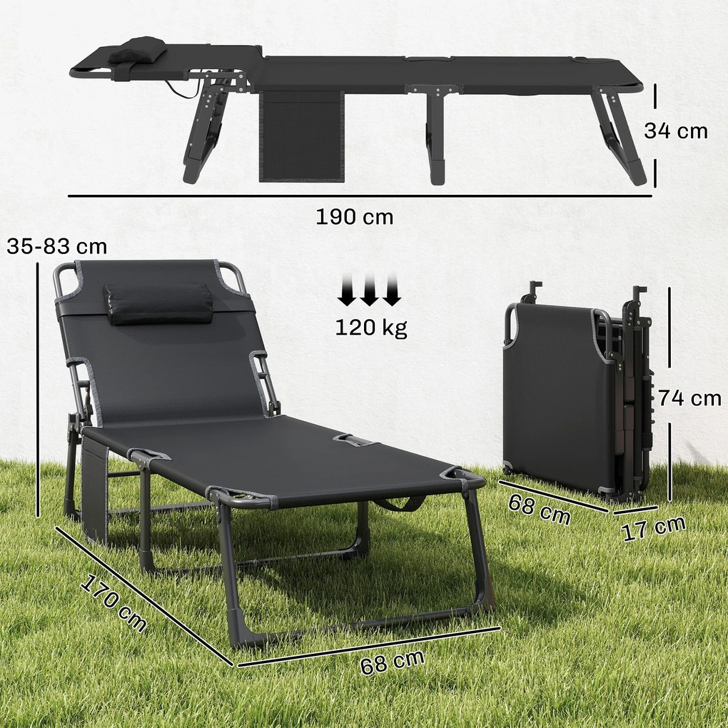 Outsunny Składany leżak szeroki leżak ogrodowy z 5-stopniowo regulowanym oparciem, wyściełanym materacem, poduszką na głowę, kieszenią boczną | Aosom PL