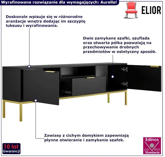 Szafka RTV z szufladą i drzwiczkami 175 cm czarny + złoty - Pascal 6X