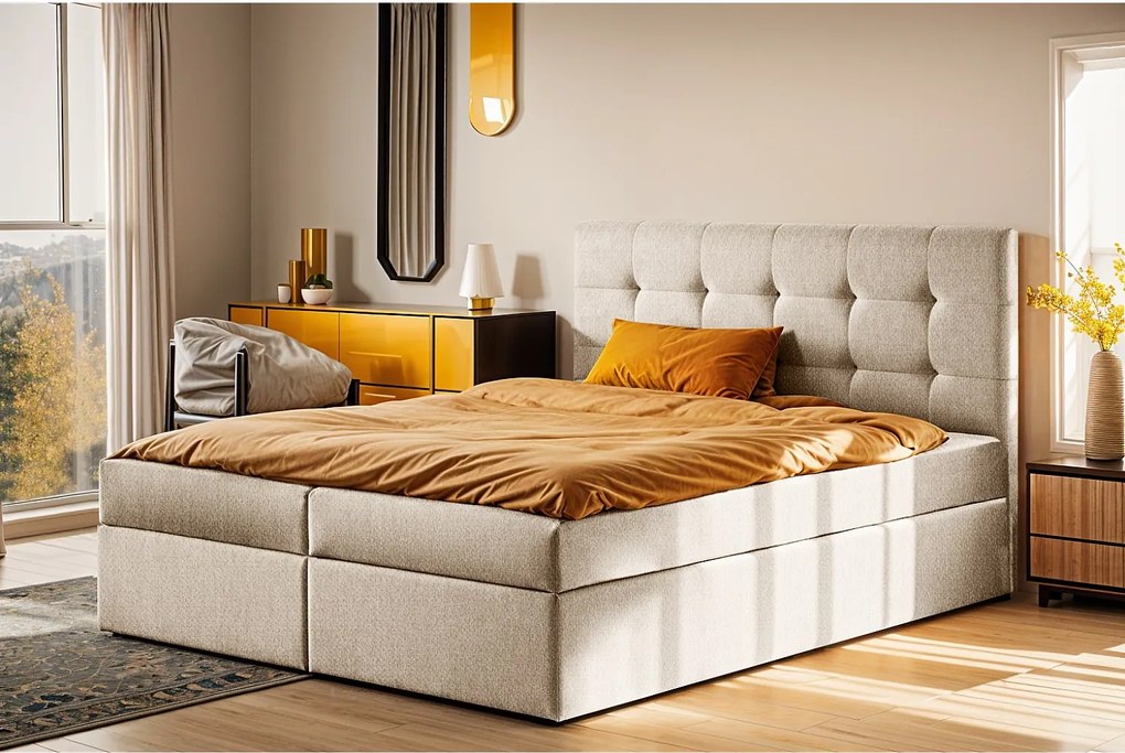 Łóżko kontynentalne z materacem i pojemnikiem LUDANO, tkanina Soro, Jasnobeżowy, 200x200 cm, H3-Bonell