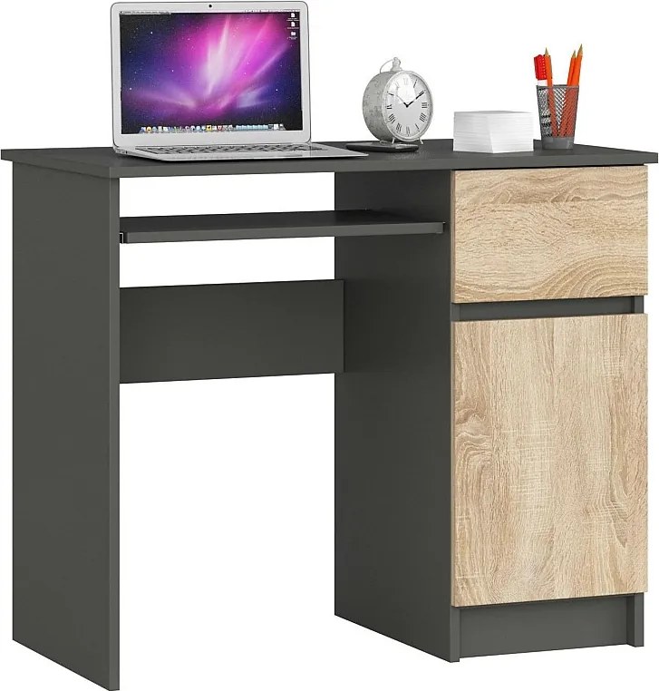 Biurko komputerowe AKORD PIKSEL Grafit Szary 90 cm prawe 1 drzwi 1 szuflada kolor Dąb Sonoma mat 3 półki 90x50x77 cm