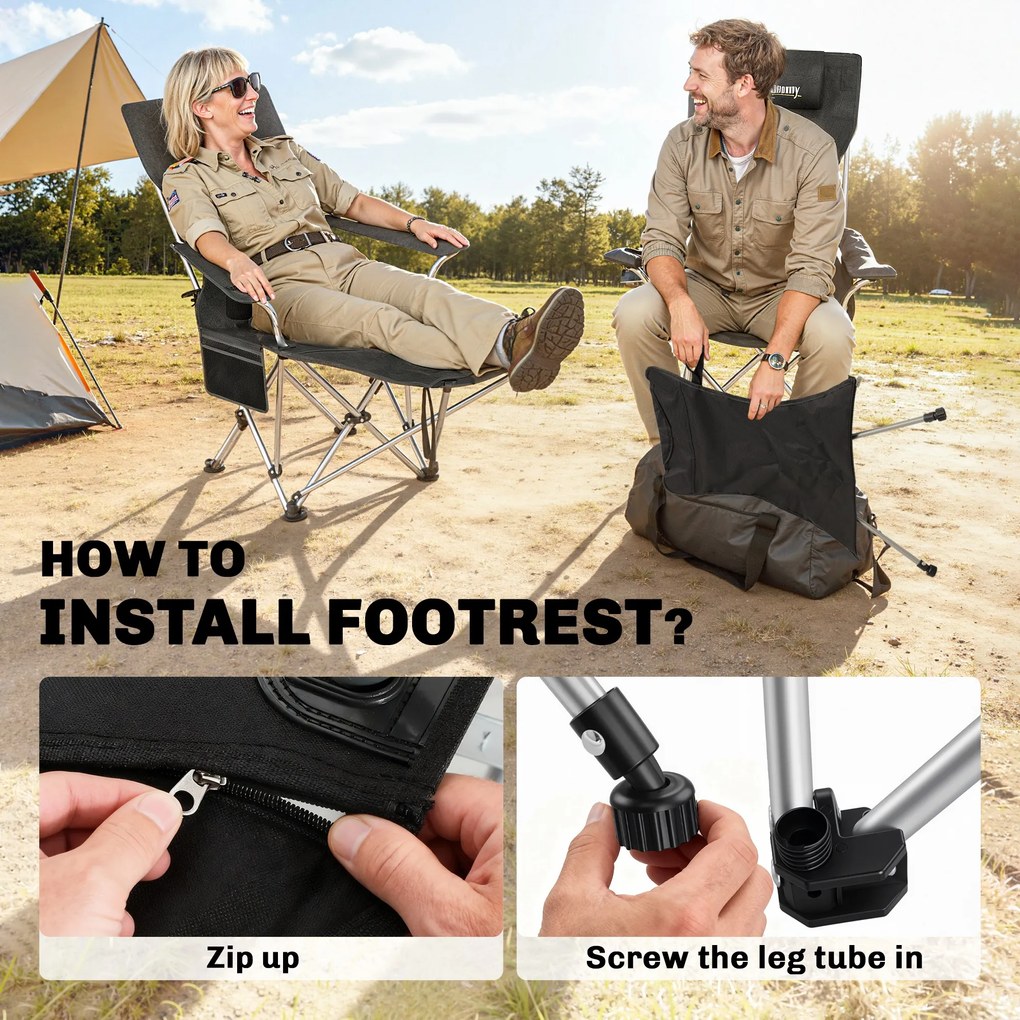 Outsunny Zestaw 2 składanych krzeseł campingowych z odłączaną podnóżkiem i uchwytem na napój, obciążenie do 120 kg, Czarne