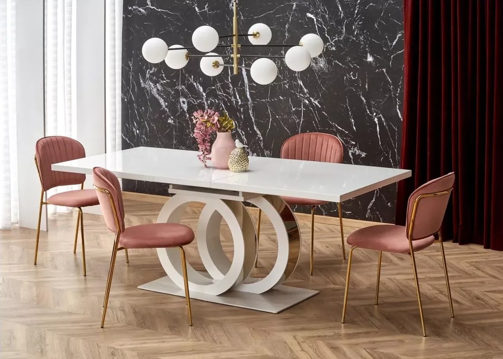 Elegancki rozkładany stół Tazzisto 160-200/90 biały połysk z blatem z MDFu lakierowanego i złotymi detalami do salonu glamour