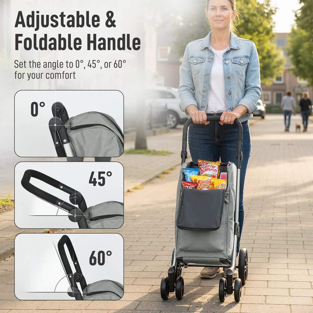 HOMCOM Wózek na zakupy, torba 46L, składany wózek z torbą chłodzącą, regulowany uchwyt, rama aluminiowa, Szary