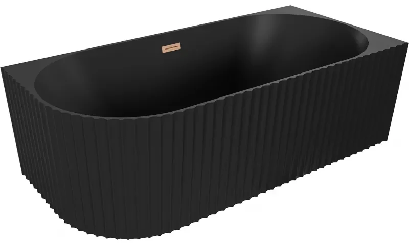 Mexen Gia wanna wolnostojąca narożna ryflowana prawa 150 x 75 cm, czarna mat, przelew miedź szczotkowana - 52701507571P-65