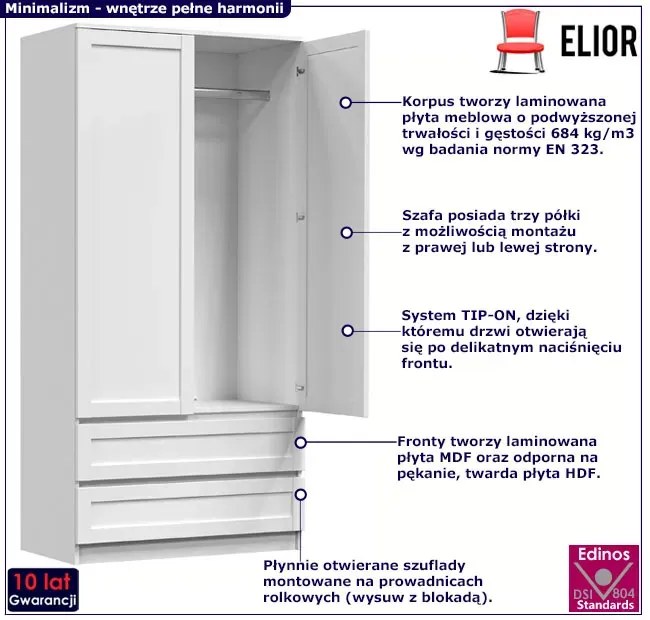 Biała szafa na ubrania z półkami i szufladami - Pirex 5X