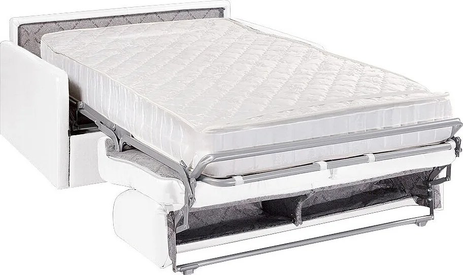 Kanapa 2-osobowa rozkładana typu express z białej ekoskóry z siedziskiem z pianki z pamięcią kształtu - Powierzchnia spania 120 cm - Materac 22 cm z pianki i z siedziskiem z pianki z pamięcią kształtu CALIFE