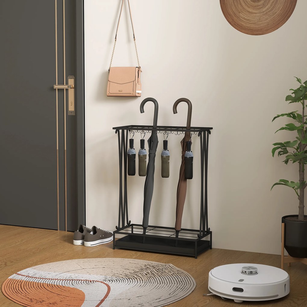 HOMCOM Stojak na parasole z wyjmowaną tacką ociekową, 21 otworów i 24 haczyki, Stal, Czarny