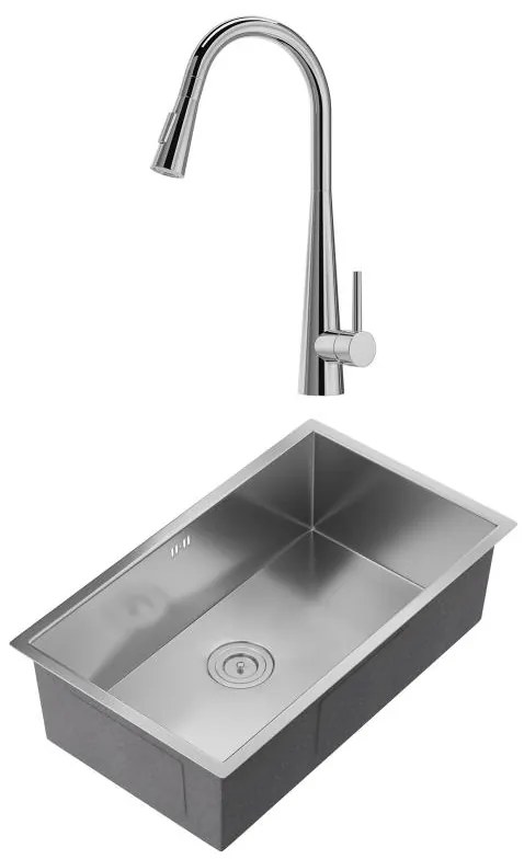 Zestaw zlewozmywak 76 x 45 cm SOELA + bateria RONA z wyciąganą wylewką ze stali nierdzewnej - Szary i Chrom