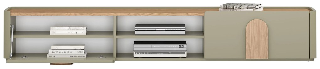 Szafka RTV Amilio 220 cm z szufladą - eukaliptus / dąb baltic dune / uchwyty dąb naturalny