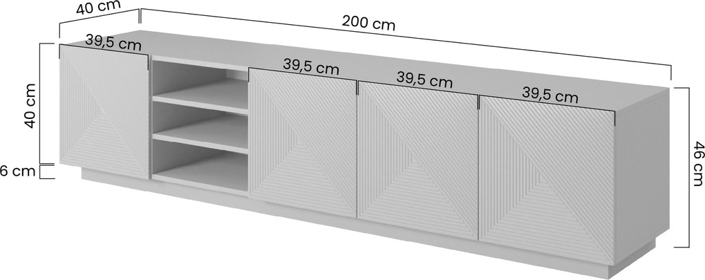 Szafka RTV Asha 200 cm z ryflowanym frontem i wnęką - czarny mat