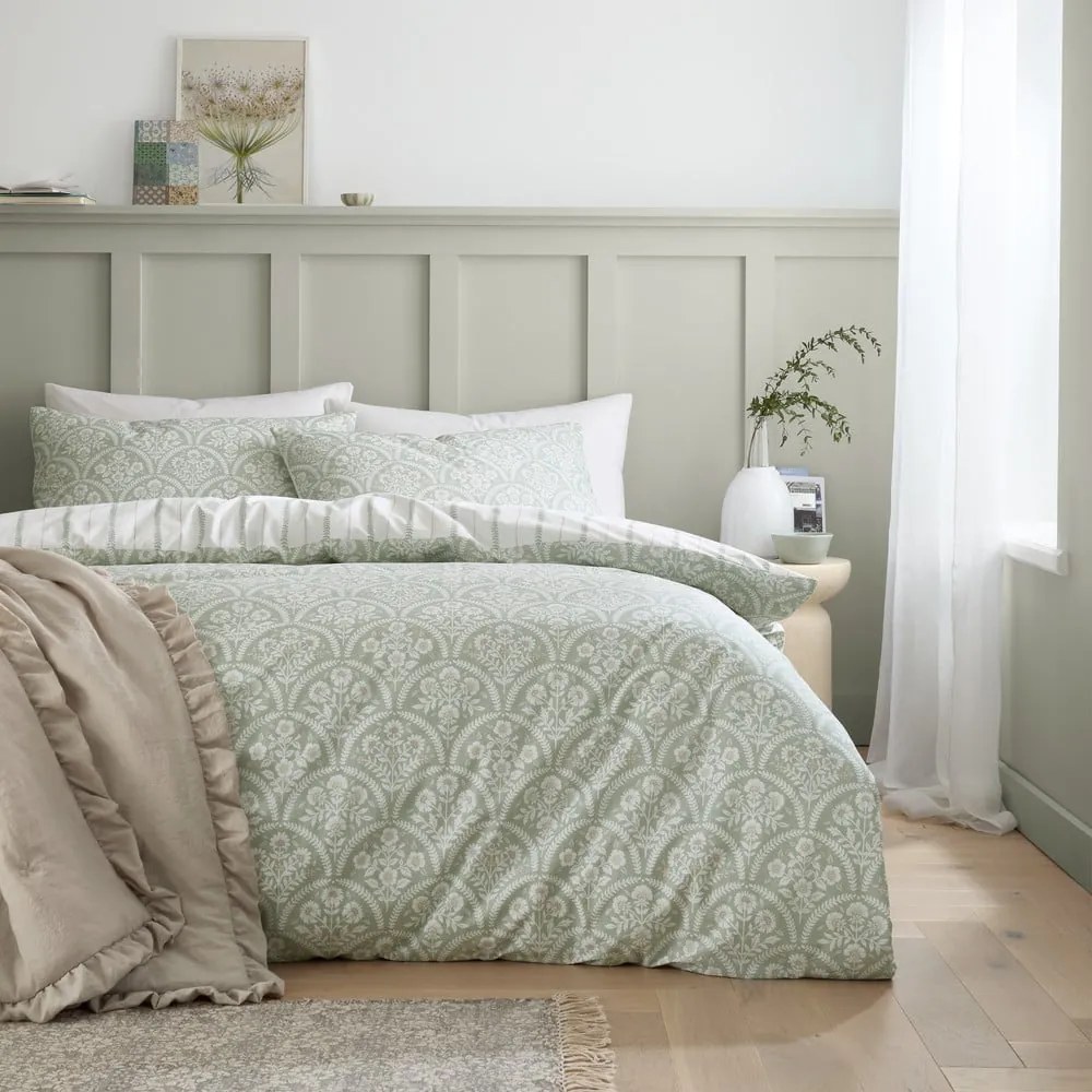 Biało-zielona pościel dwuosobowa z perkalu bawełnianego 200x200 cm Scallop Floral – Bianca