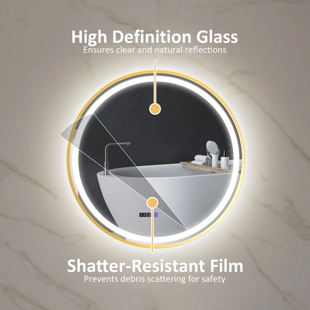 HOMCOM Okrągłe Lustro Łazienkowe z LED, Lustro Łazienkowe z Funkcją Przeciwmgielną, Dotykowa Obsługa, Wyświetlacz