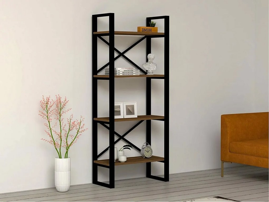 Regał przemysłowy orzechowy – 66 cm x 150 cm x 32 cm – metalowy