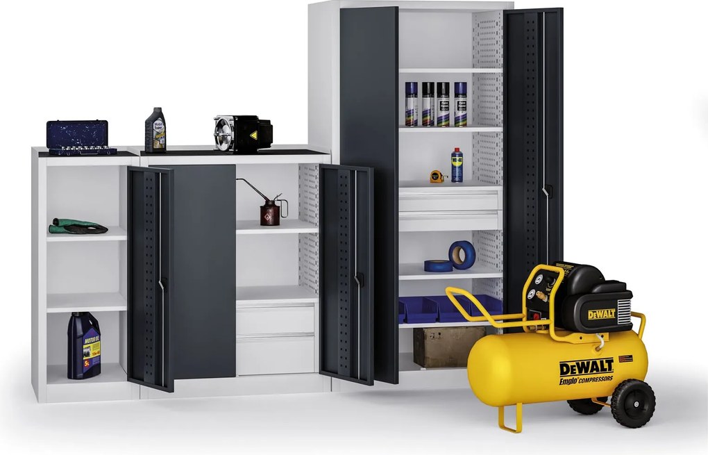 Szafa warsztatowa na narzędzia KOVOS, perforowana, 4 półki, 2 szuflady, 950 x 600 x 1950 mm, grafitowy